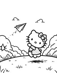 Hello Kitty flying a paper airplane in a park