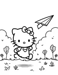 Hello Kitty flying a paper airplane in a park