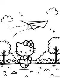 Hello Kitty flying a paper airplane in a park