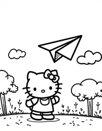 Hello Kitty flying a paper airplane in a park