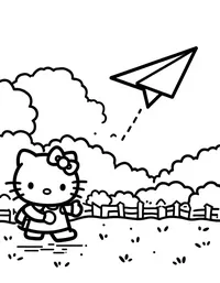 Hello Kitty flying a paper airplane in a park