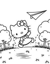 Hello Kitty flying a paper airplane in a park