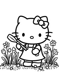 Hello Kitty gardening in a flower-filled backyard