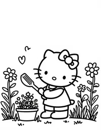 Hello Kitty gardening in a flower-filled backyard