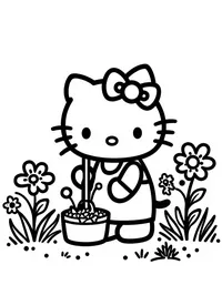 Hello Kitty gardening in a flower-filled backyard