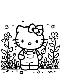 Hello Kitty gardening in a flower-filled backyard