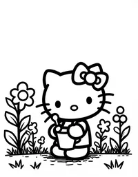 Hello Kitty gardening in a flower-filled backyard