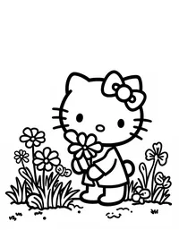 Hello Kitty gardening in a flower-filled backyard