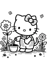 Hello Kitty gardening in a flower-filled backyard