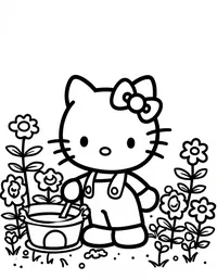 Hello Kitty gardening in a flower-filled backyard