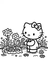 Hello Kitty gardening in a flower-filled backyard