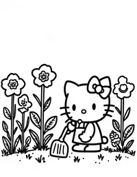 Hello Kitty gardening in a flower-filled backyard