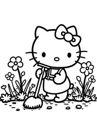 Hello Kitty gardening in a flower-filled backyard