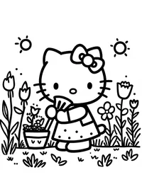 Hello Kitty gardening in a flower-filled backyard