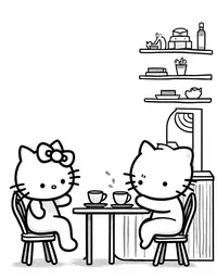 Hello Kitty having tea with friends in a café