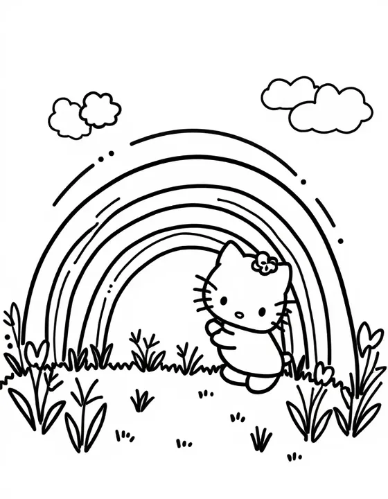 Hello Kitty painting a rainbow in a meadow