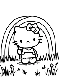 Hello Kitty painting a rainbow in a meadow