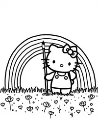 Hello Kitty painting a rainbow in a meadow