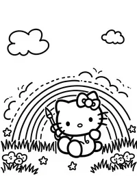 Hello Kitty painting a rainbow in a meadow