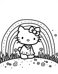 Hello Kitty painting a rainbow in a meadow