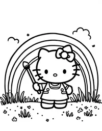 Hello Kitty painting a rainbow in a meadow