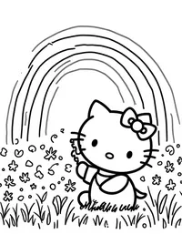 Hello Kitty painting a rainbow in a meadow