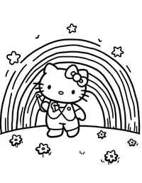 Hello Kitty painting a rainbow in a meadow