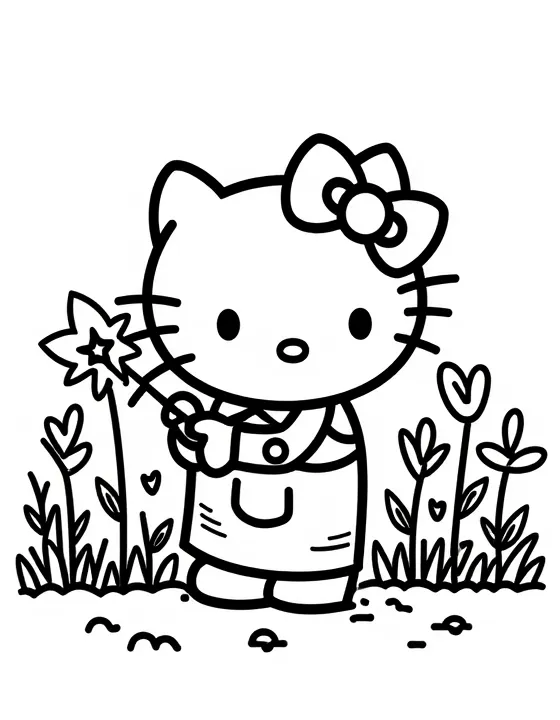 Hello Kitty planting flowers in a garden