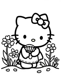 Hello Kitty planting flowers in a garden