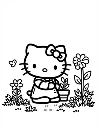 Hello Kitty planting flowers in a garden