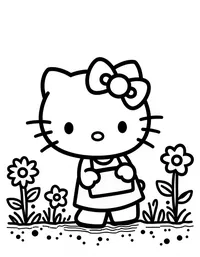 Hello Kitty planting flowers in a garden