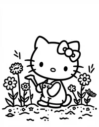 Hello Kitty planting flowers in a garden