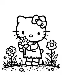 Hello Kitty planting flowers in a garden