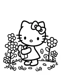 Hello Kitty planting flowers in a garden