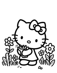 Hello Kitty planting flowers in a garden