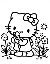 Hello Kitty planting flowers in a garden