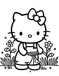 Hello Kitty planting flowers in a garden