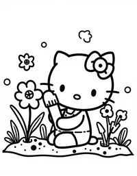 Hello Kitty planting flowers in a garden