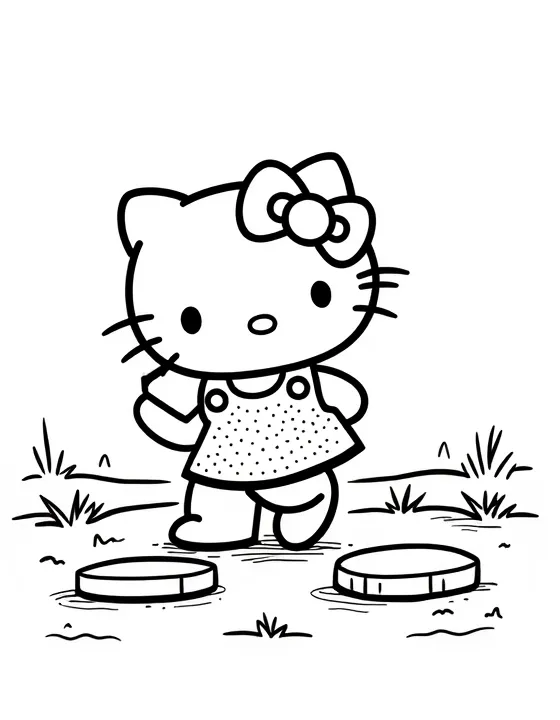 Hello Kitty playing hopscotch on a sidewalk