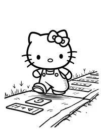 Hello Kitty playing hopscotch on a sidewalk