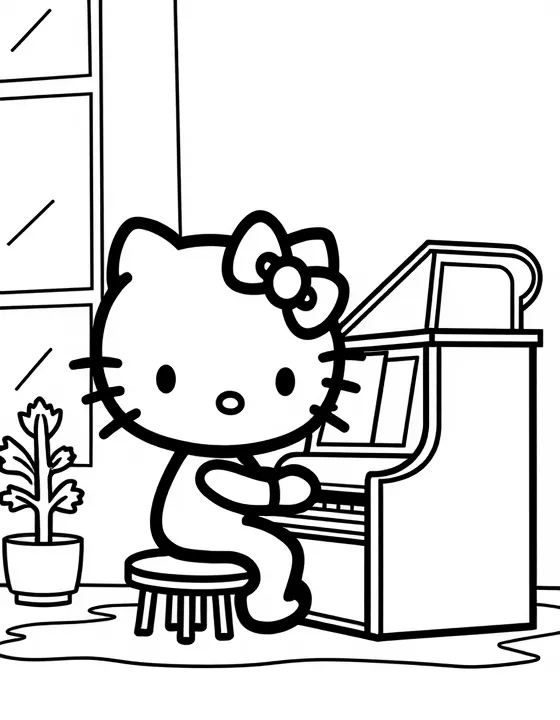 Hello Kitty playing piano in a music room