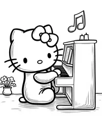 Hello Kitty playing piano in a music room