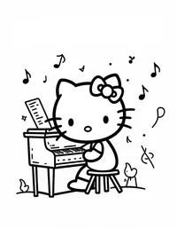 Hello Kitty playing piano in a music room