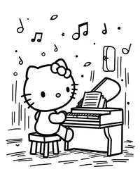 Hello Kitty playing piano in a music room