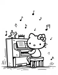 Hello Kitty playing piano in a music room