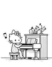 Hello Kitty playing piano in a music room