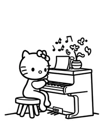 Hello Kitty playing piano in a music room