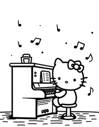 Hello Kitty playing piano in a music room