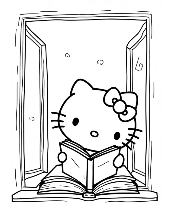 Hello Kitty reading books by a sunny window