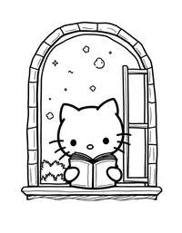 Hello Kitty reading books by a sunny window